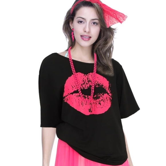 Women’s 80’s Inspired Halloween Costume - Lip Print T-Shirt - Picture 1 of 5
